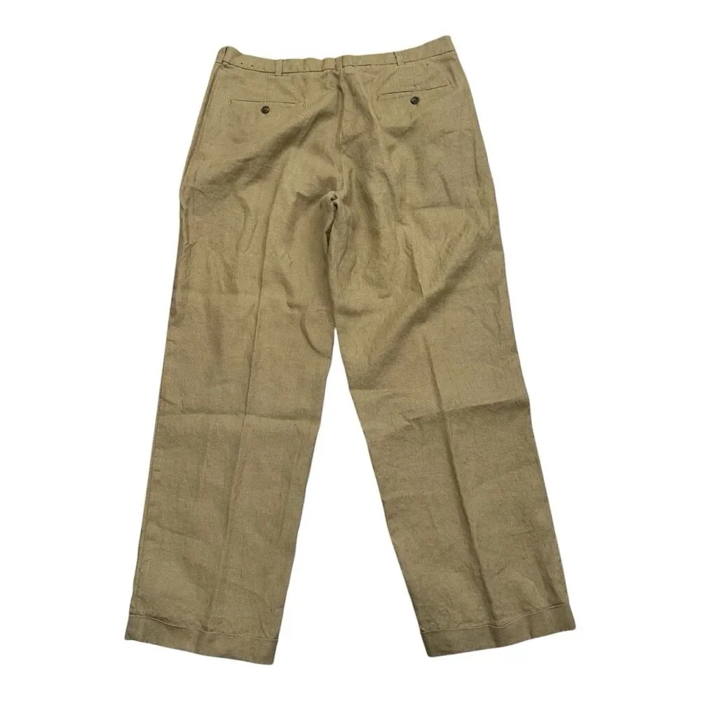 Brooks Brothers 346 100% Linen Pants Khaki Tan Cuffed Pleated Chino 36/31